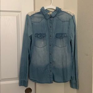 Faux denim button up with floral lace back